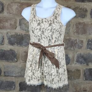 A'Reve Lace Overlay Romper Keyhole‎ Back Ribbon Tie Waist Ivory Large Coquette